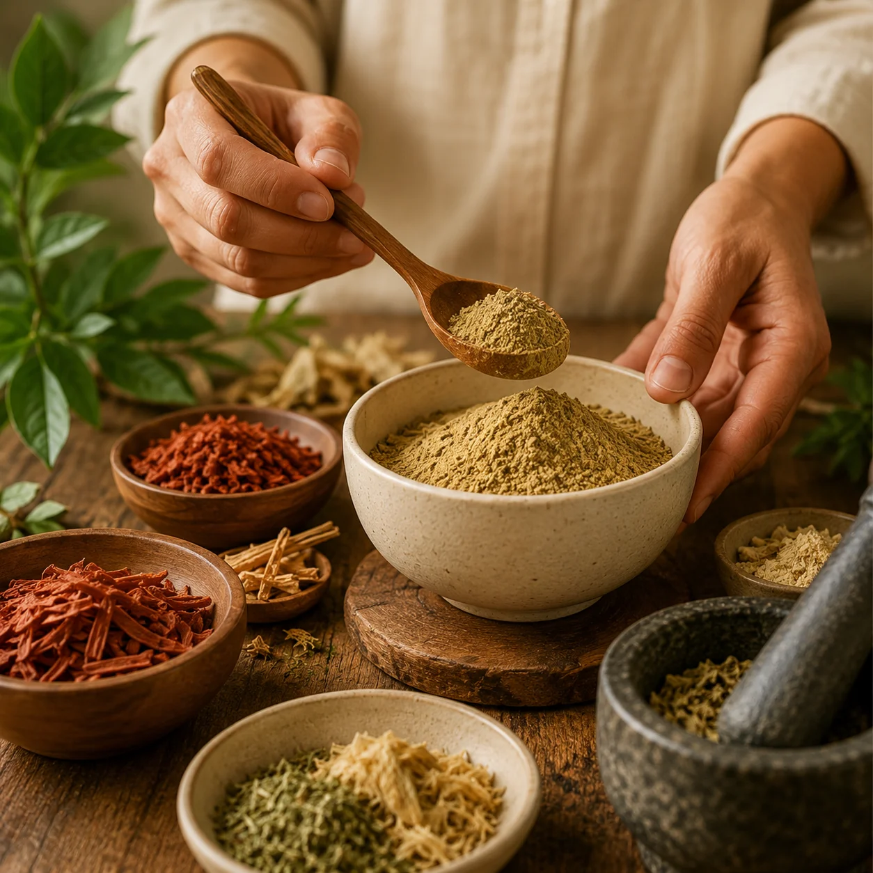 Botanical ingredients being measured into a bowl for an Ayurvedic self-care preparation.